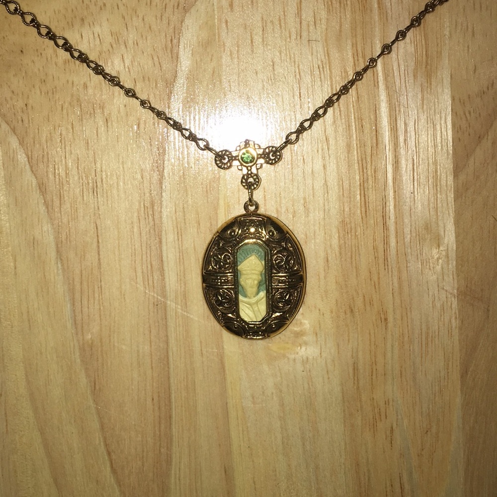 Saint Patrick locket and chain gold & blue